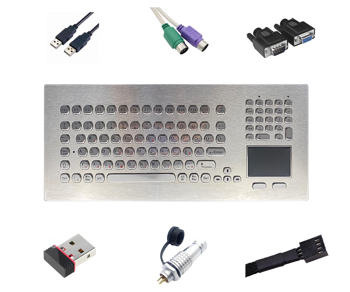 104 keys stainless steel panel mount rugged keyboard with trackball interface