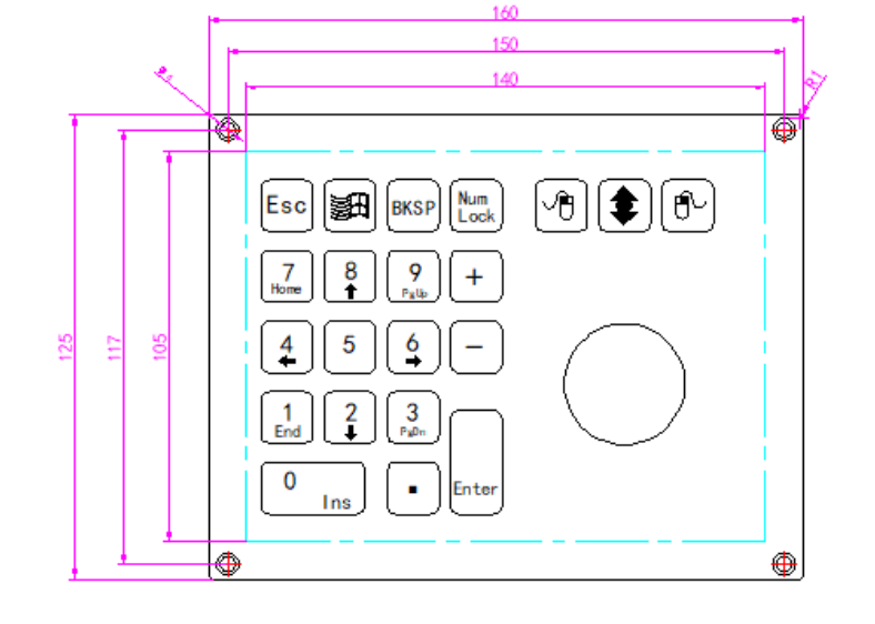 IP65 numeric keypad and mouse combo dimension