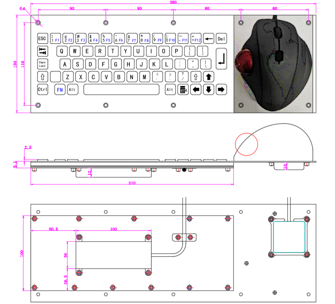 Industrial ergonomic wired keyboard with trackball dimension