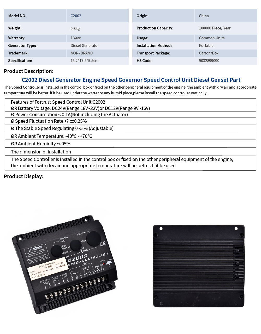 China Leading C2002 Speed Controller , Fortrust C2002 , genset speed ...