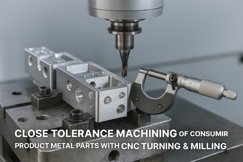 Close tolerance machining of consumer product metal parts—aluminum housing on CNC mill with thin-wall pocketing and coolant running