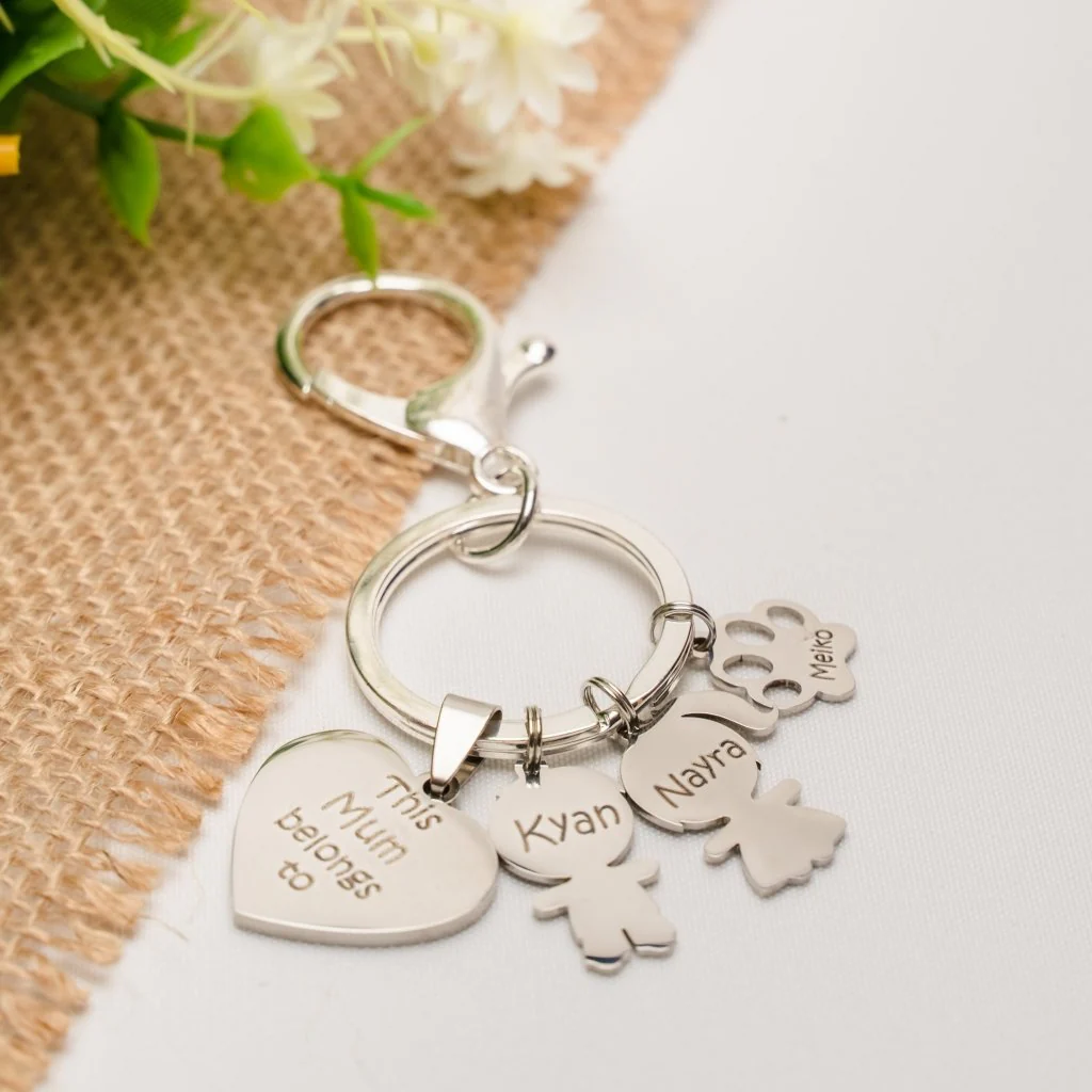 Heartwarming custom Mother's Day keychain with personalized engraving - beautiful Mother's Day keychain featuring floral designs and custom text options, perfect for showing appreciation and making mom feel special.