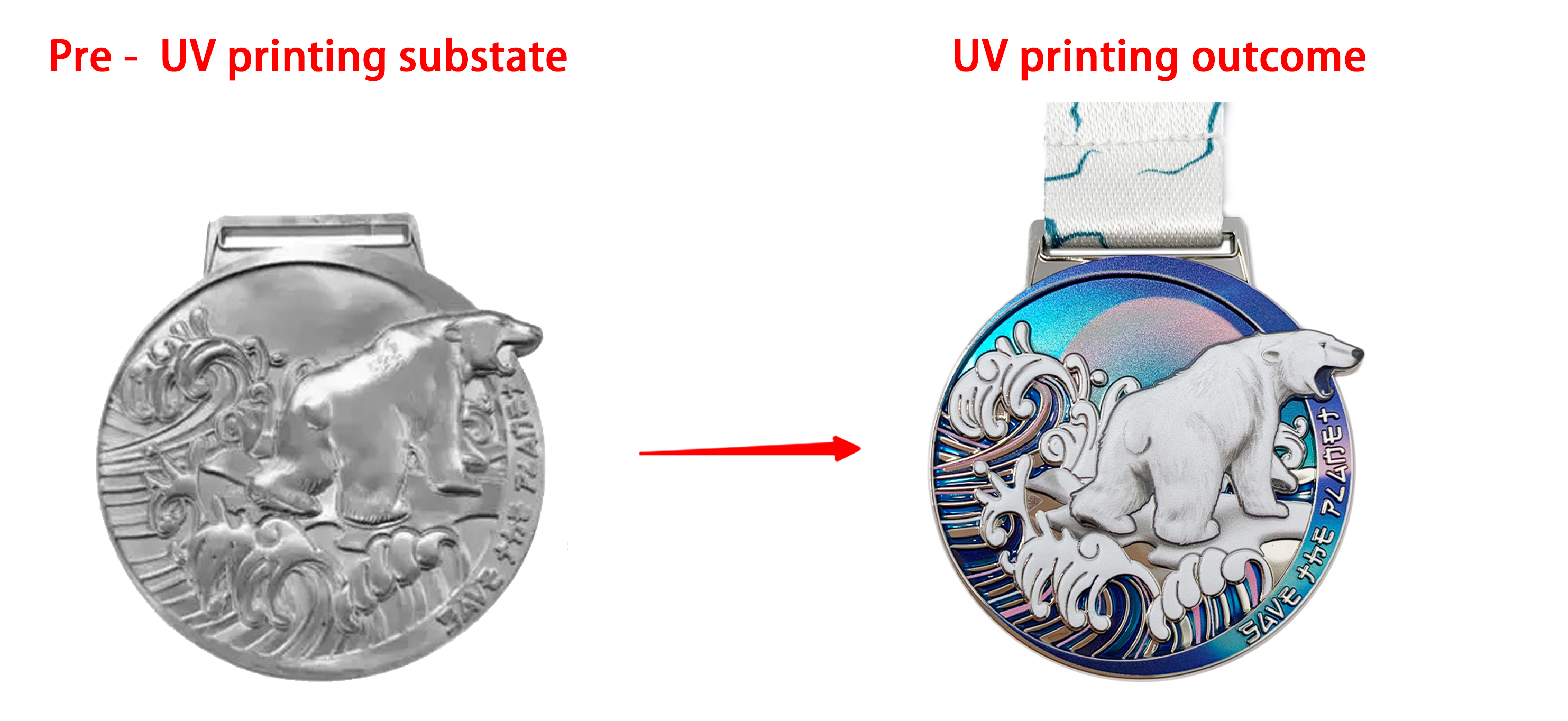 Custom UV printing medals with vibrant colors and durable coating for awards and gifts.