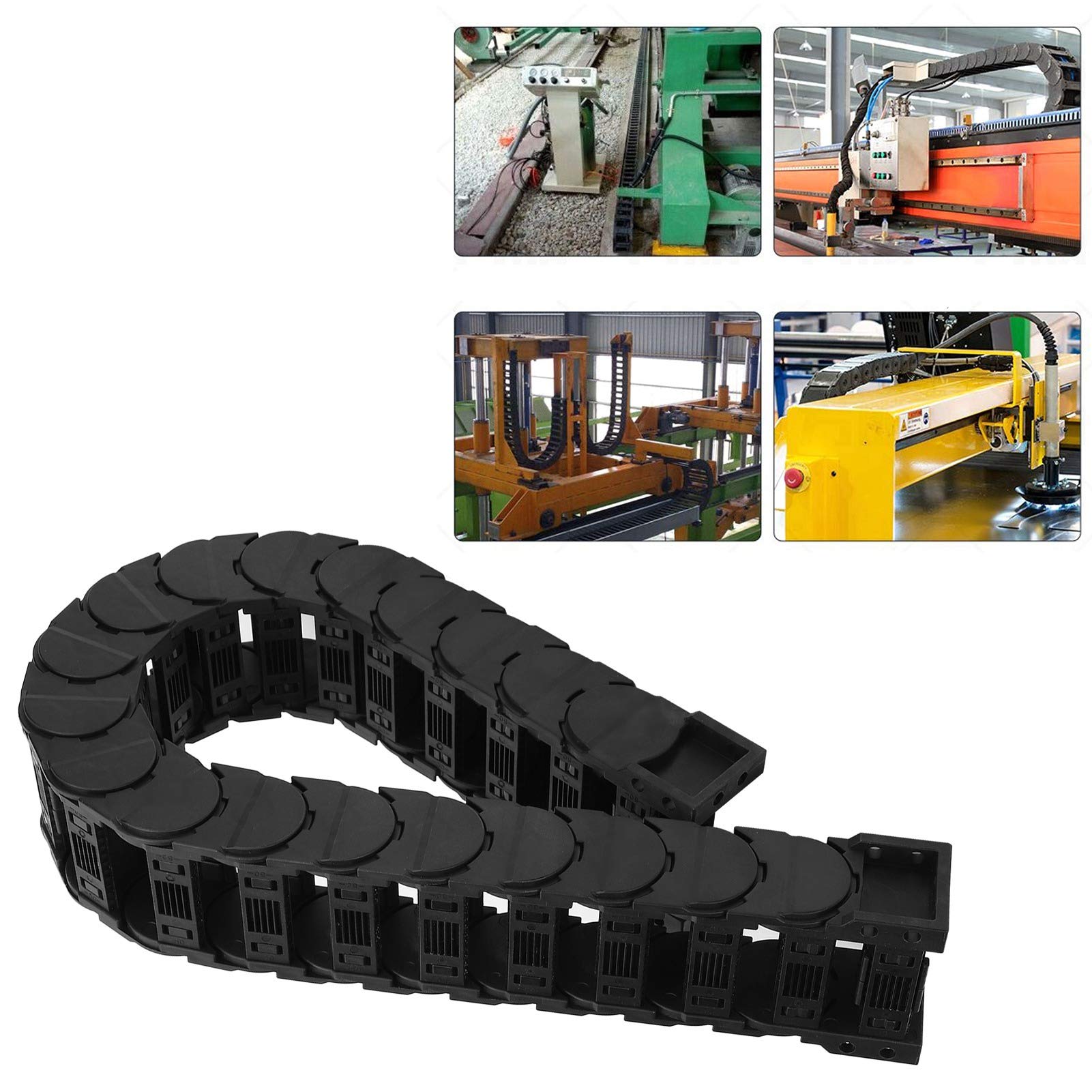 A cable management drag chain installed on factory equipment to keep wires organized and protected.