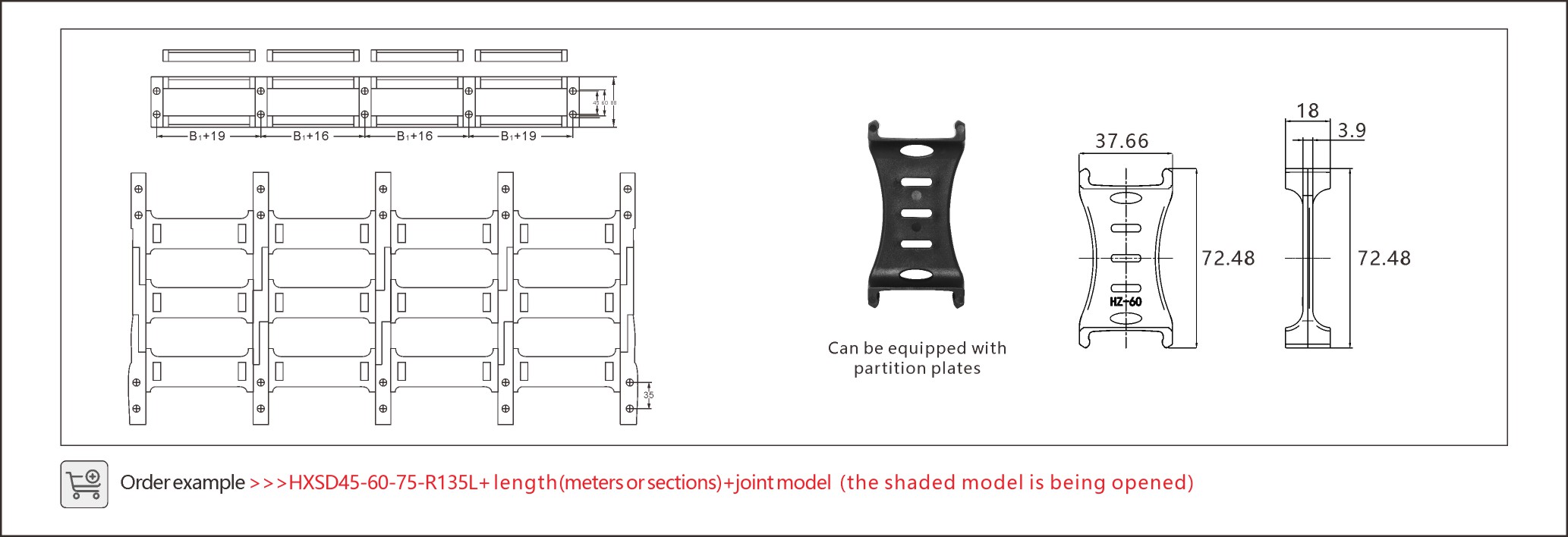 A 60mm max heavy duty dual-row drag chain, engineered for heavy-duty applications requiring reliable cable management and support.