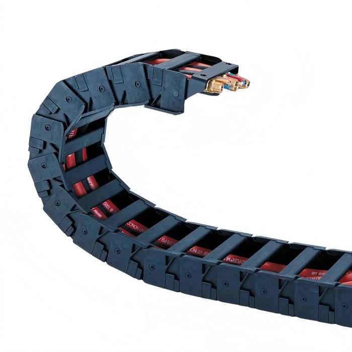 Sealed design cable chain for cleanroom and hygienic environments.