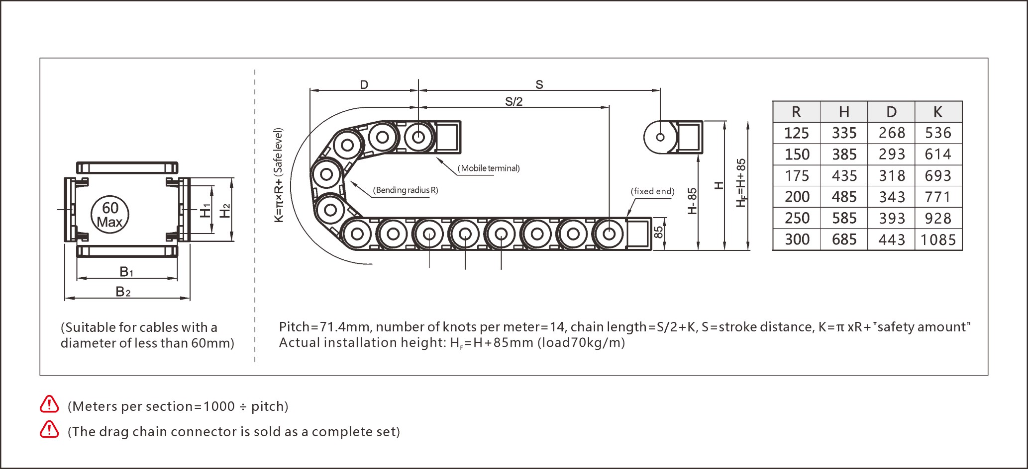 Reinforced custom shape cable chain provides tailored cable routing for complex industrial layouts.