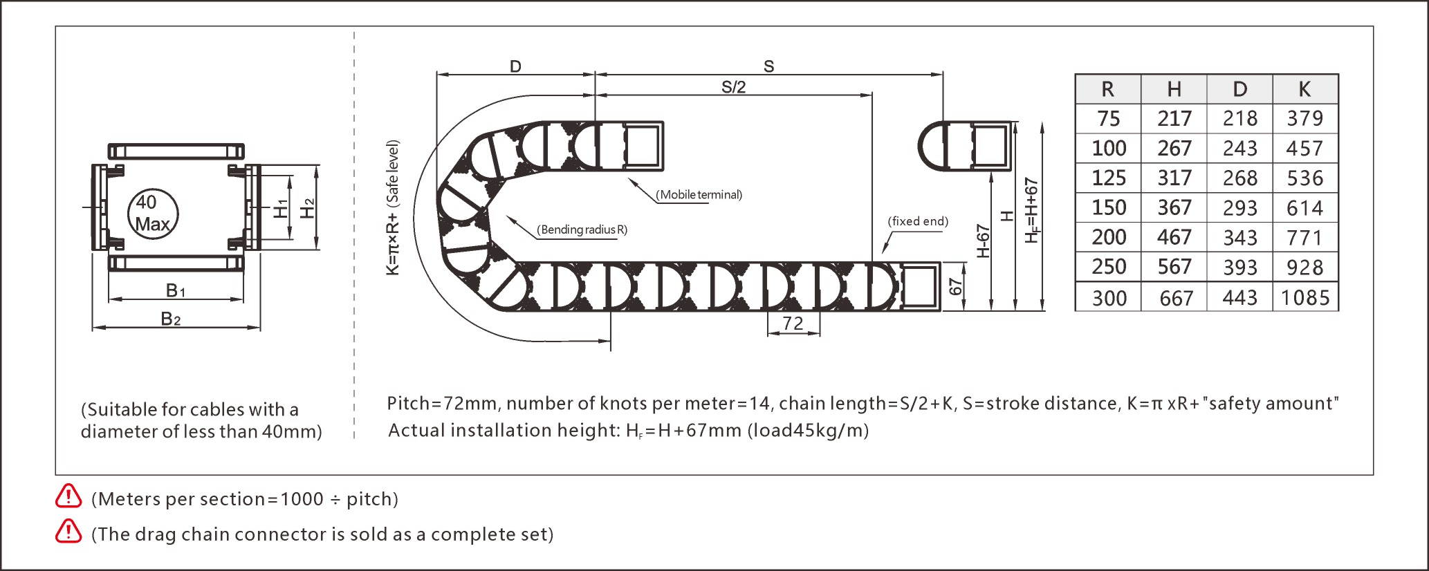 Robust heavy duty gliding drag chain built for long-distance linear motion systems.