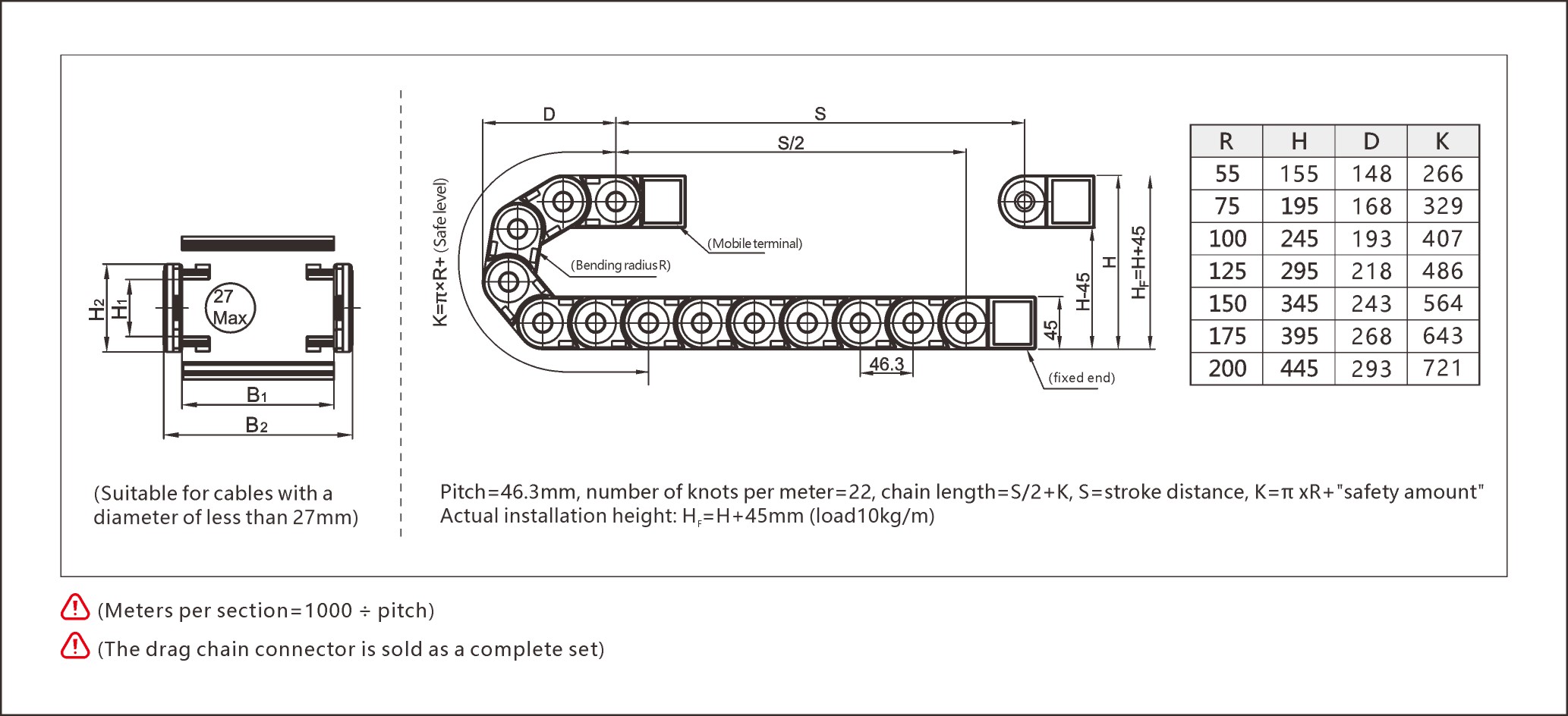 The reinforced drag chain system ensures maximum durability and protection in demanding industrial environments.