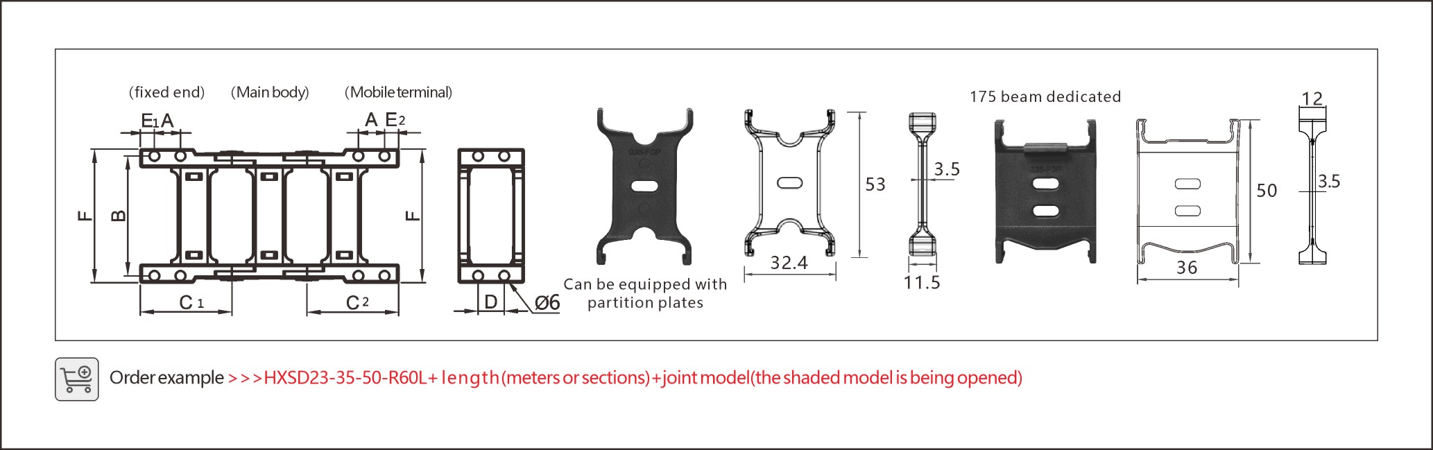 Compact 35mm max reinforced cable drag chain ideal for confined mechanical cable routing systems.