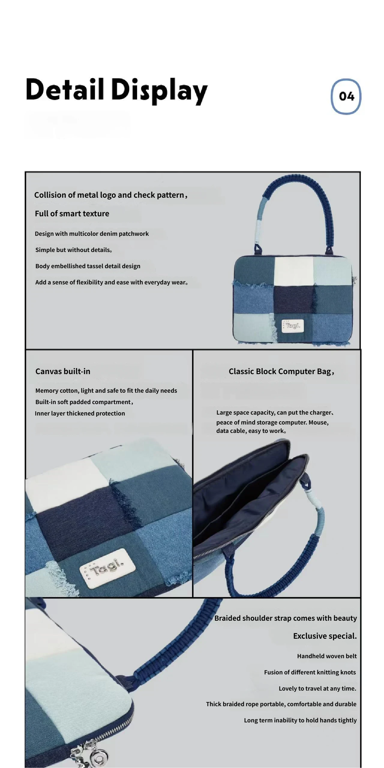 Tagi denim fringed laptop handbag, multi-functional Leisure computer bag, B2B OEM ODM wholesale product
