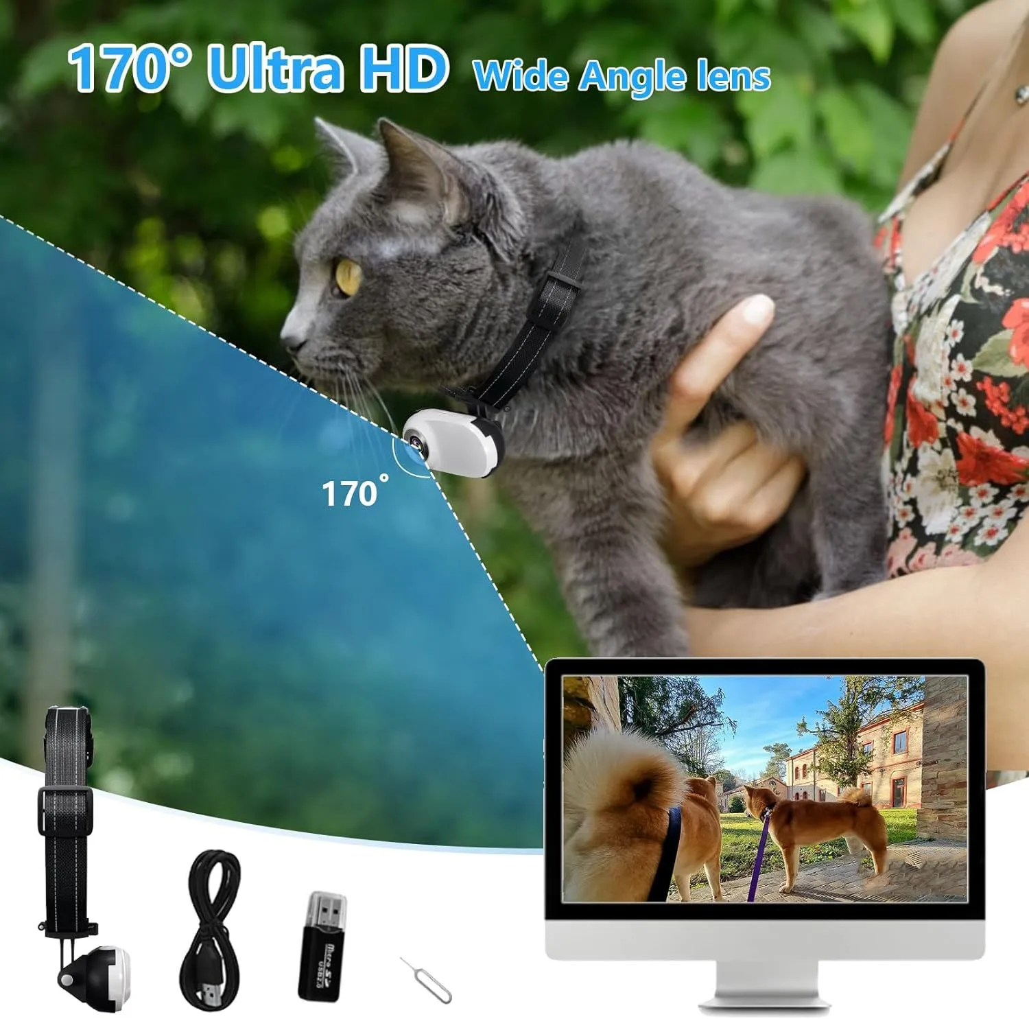 Video mini body cameras - Cat and dog collar cameras Outdoor sports cameras Wide-Angle Lens Pet Perspective Camera
