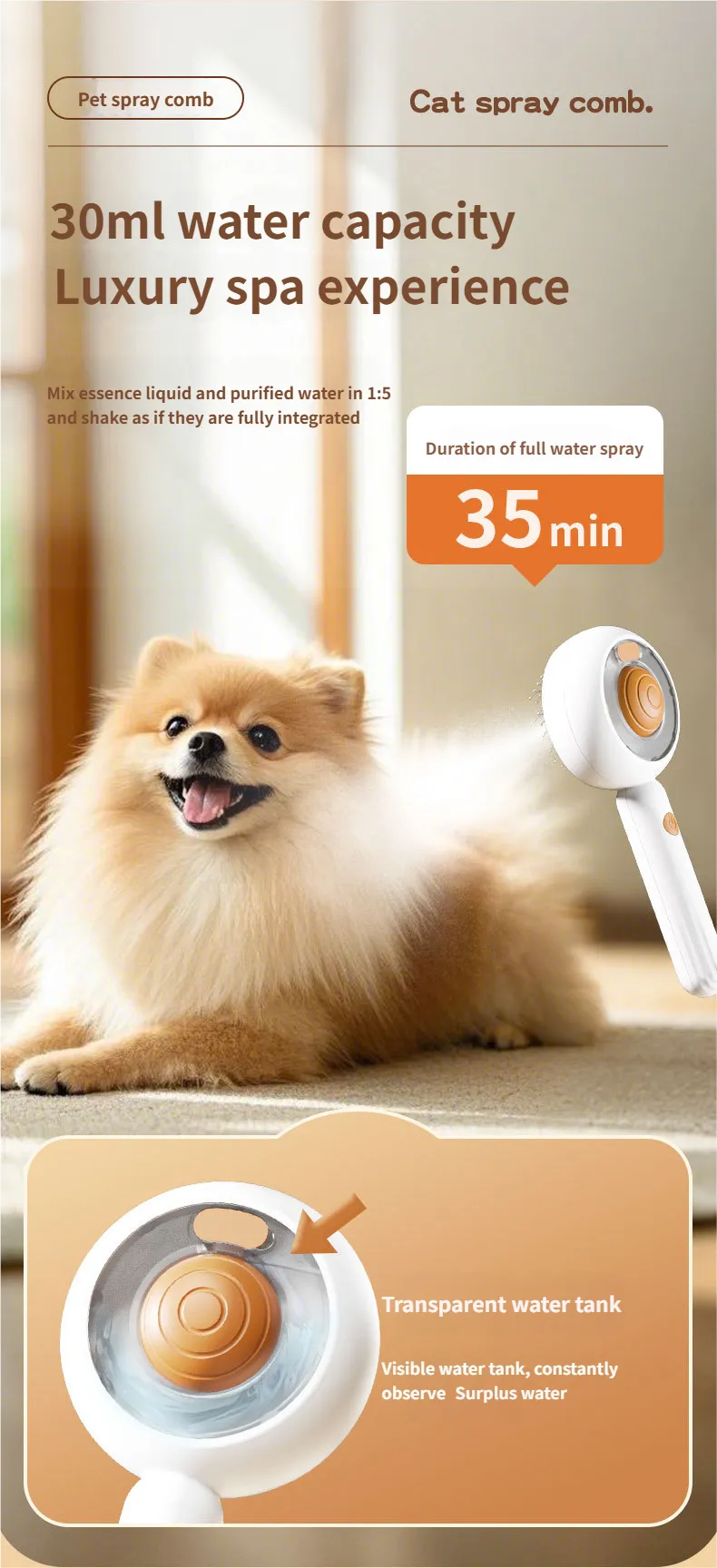 Cat Comb Spray comb - Self Cleaning Steamy Pet Brush for Tangled Fur Relief