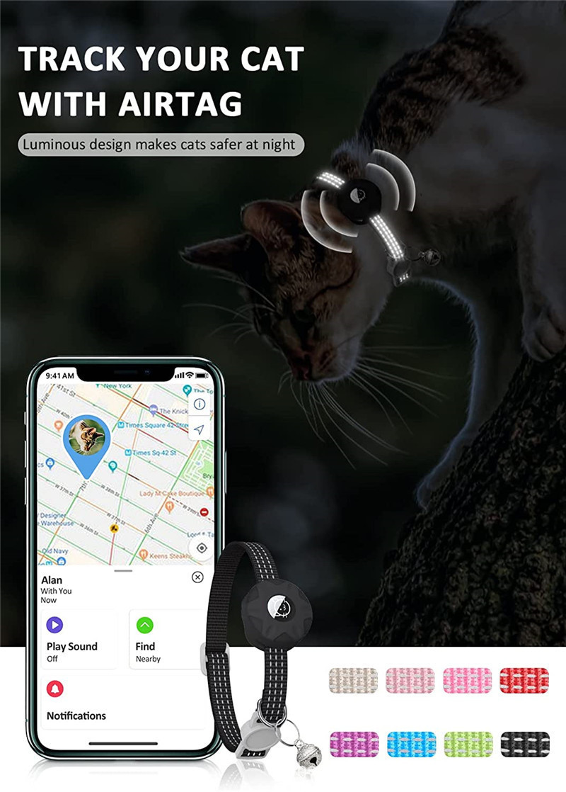 Adjustable Cat Collar with AirTag Holder - GPS Cat Collar Apple AirTag Ready for Safety