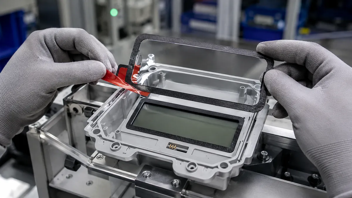 Technician peeling red liner from custom die-cut tape while aligning a smart meter display window