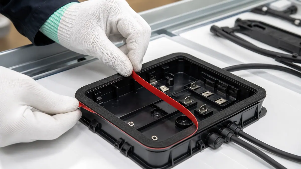 Technician peeling a red liner while positioning a black foam gasket on a solar junction box base