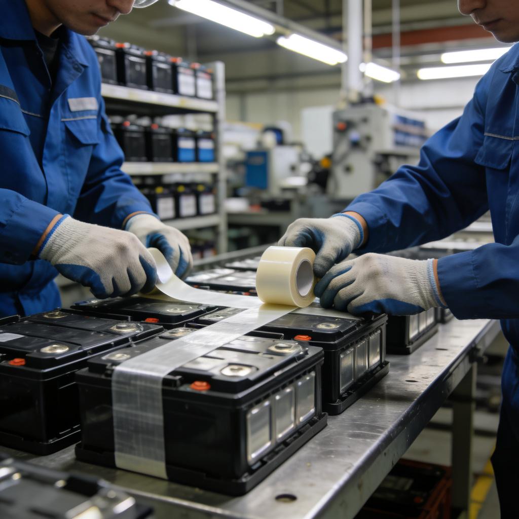 Workers assembling automotive batteries with industrial tape in factory
