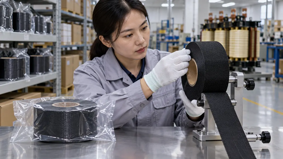 Quality technician inspecting sealed black acetate cloth tape rolls and clean slit edges before coil-wrapping production
