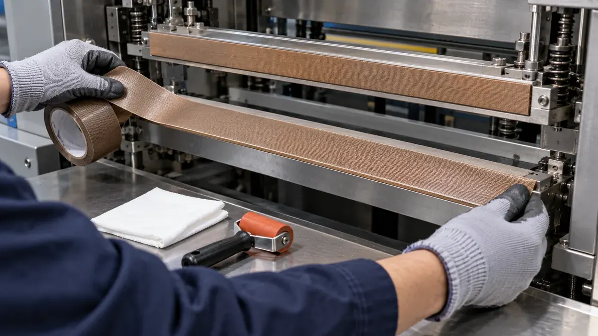 Maintenance technician applying brown PTFE-coated fiberglass tape smoothly across a heat-sealing bar