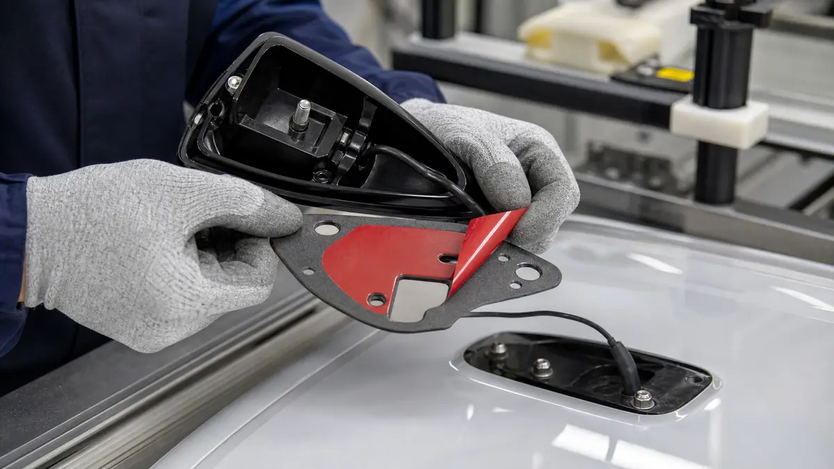 Technician peeling red liner from custom die-cut tape for a shark-fin antenna base gasket