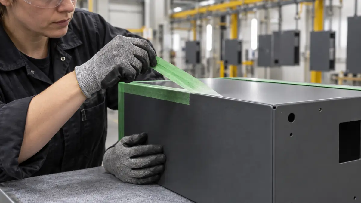 Powder-coating technician peeling green PET silicone tape from a dark-gray metal enclosure at a controlled low angle