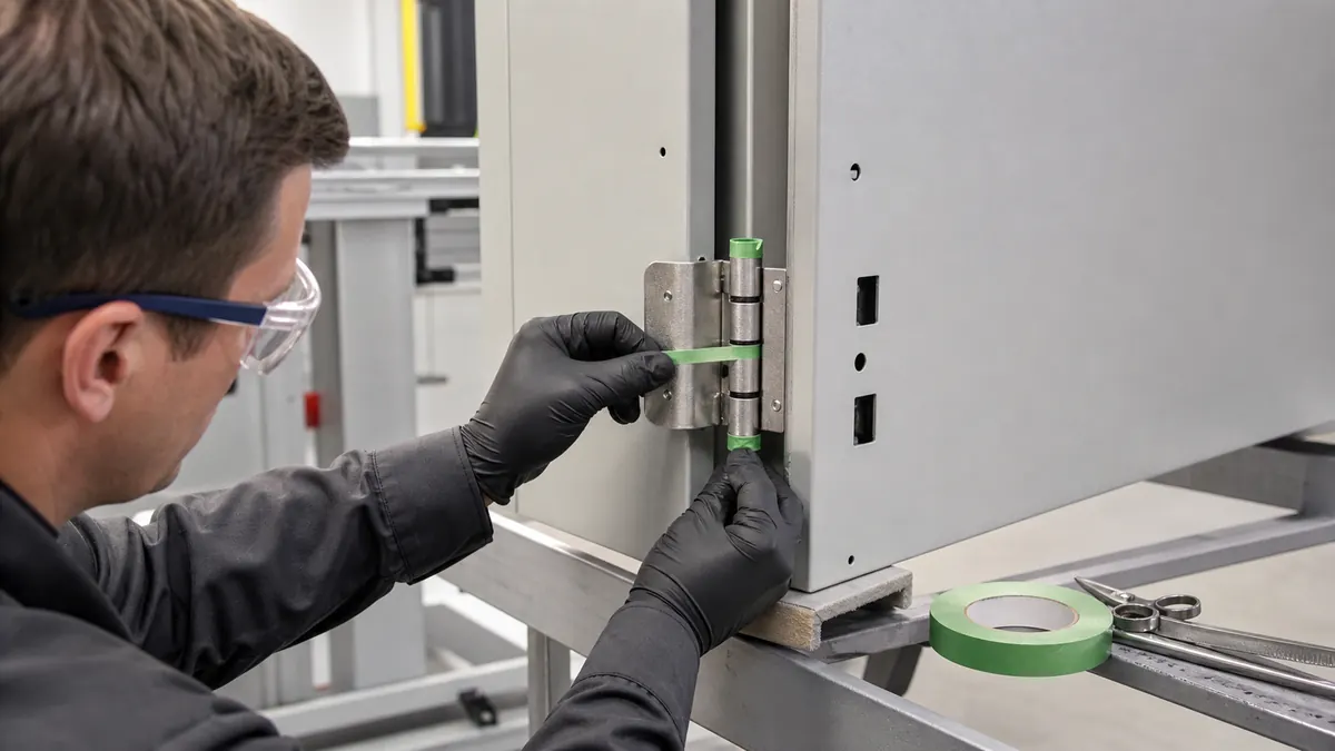 Technician applying green PET silicone tape to cabinet hinge knuckles before powder coating