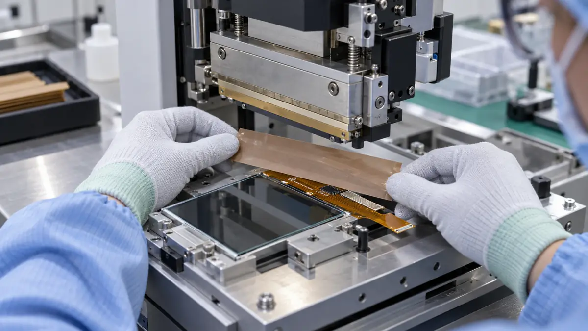 Technician aligning brown PTFE release tape at an ACF hot-bar thermode above a flex-circuit and glass assembly