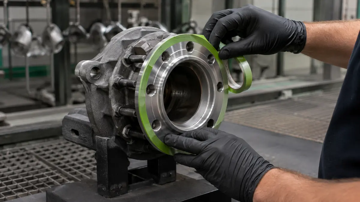 Technician applying green PET silicone tape around a wheel hub mounting face before powder coating