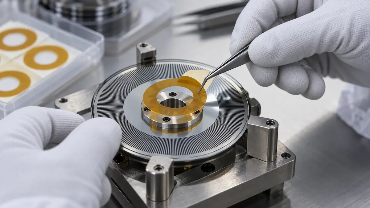 Technician aligning a ring-shaped custom die-cut tape mask over an optical encoder disc