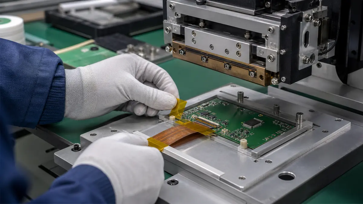 Technician applying amber polyimide tape to align an FPC tail beside a hot-bar soldering fixture