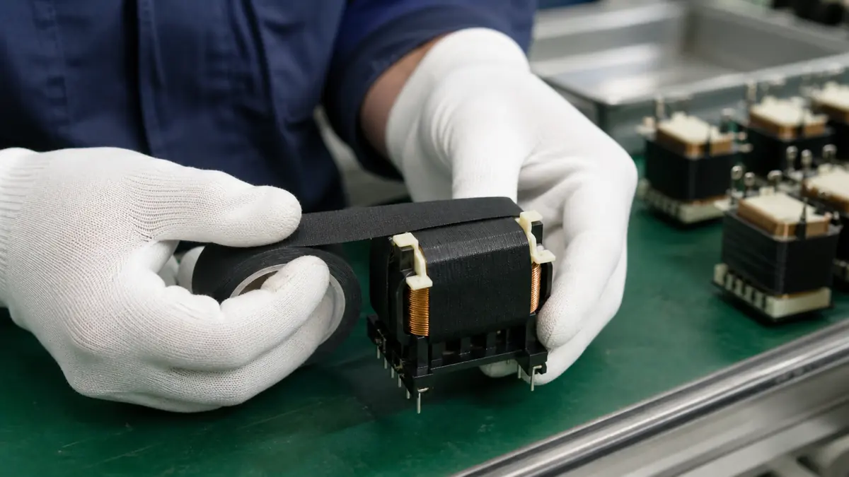 Operator wrapping black acetate cloth tape around a small rectangular transformer bobbin