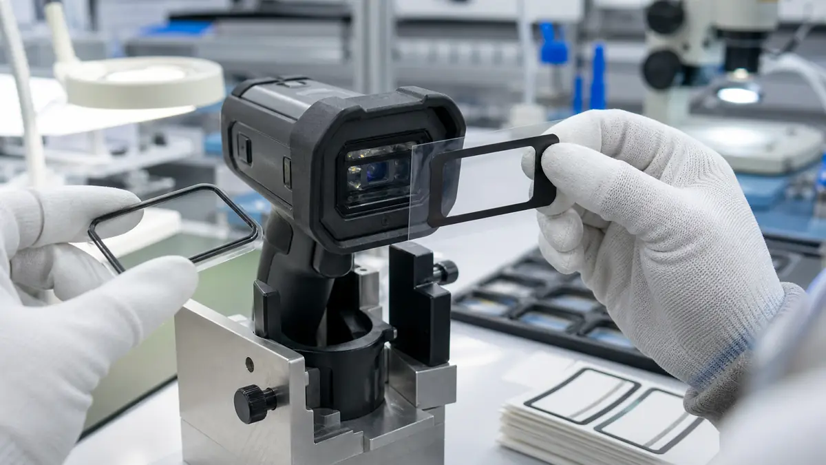 Technician aligning a black custom die-cut adhesive frame around an industrial barcode scanner window