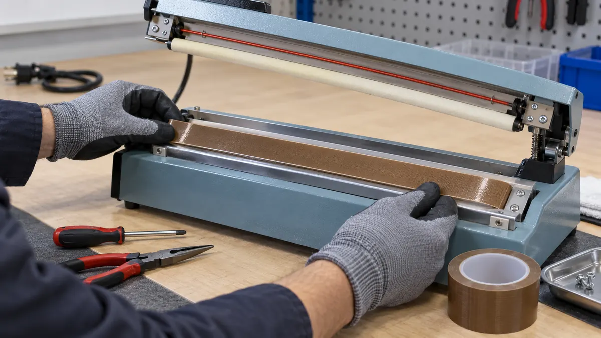 Maintenance technician aligning brown PTFE tape on the stationary rail of an open impulse sealer