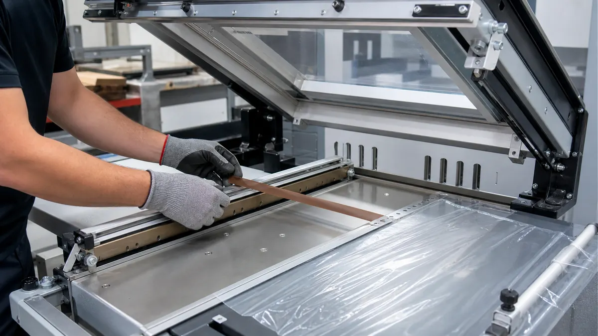 Technician replacing brown PTFE tape on a stationary rail of an open shrink-wrap L-sealer