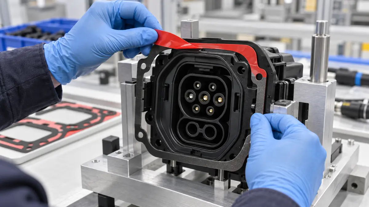Technician peeling red liner from a custom die-cut adhesive gasket on an EV charging port housing