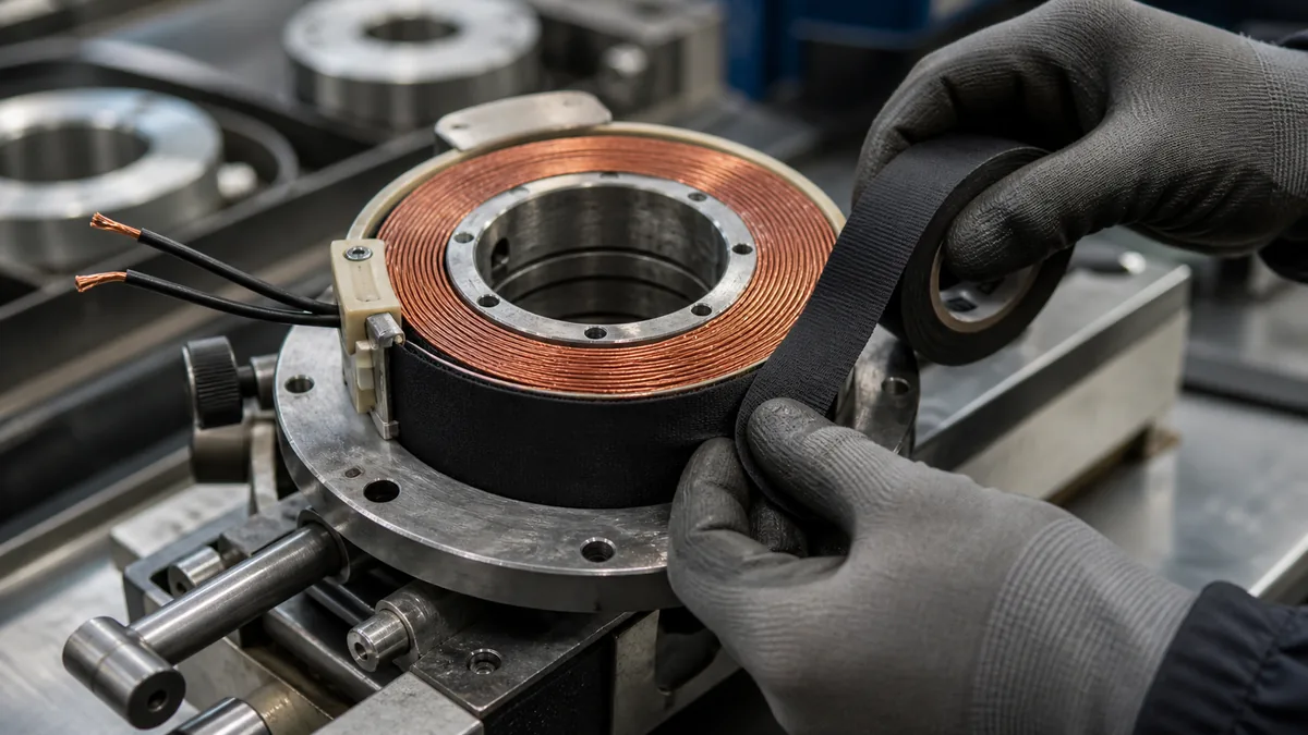 Technician wrapping matte black acetate cloth tape around a copper electromagnetic brake coil on a fixture