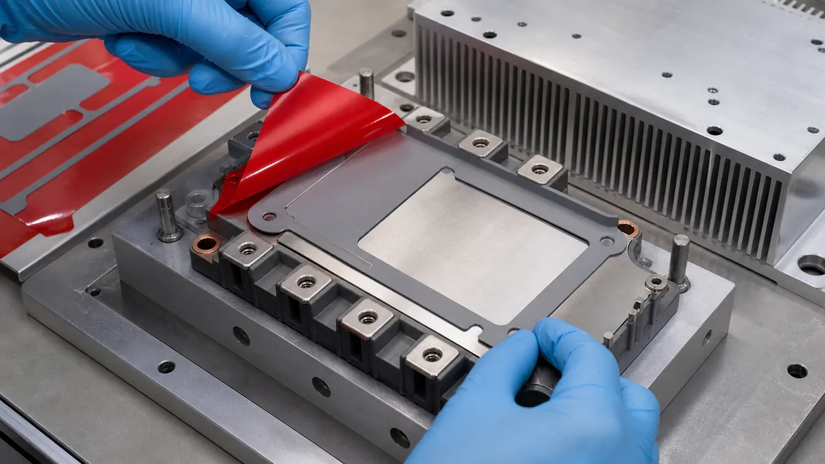Technician peeling a red liner from a custom die-cut positioning frame around a power electronics thermal pad