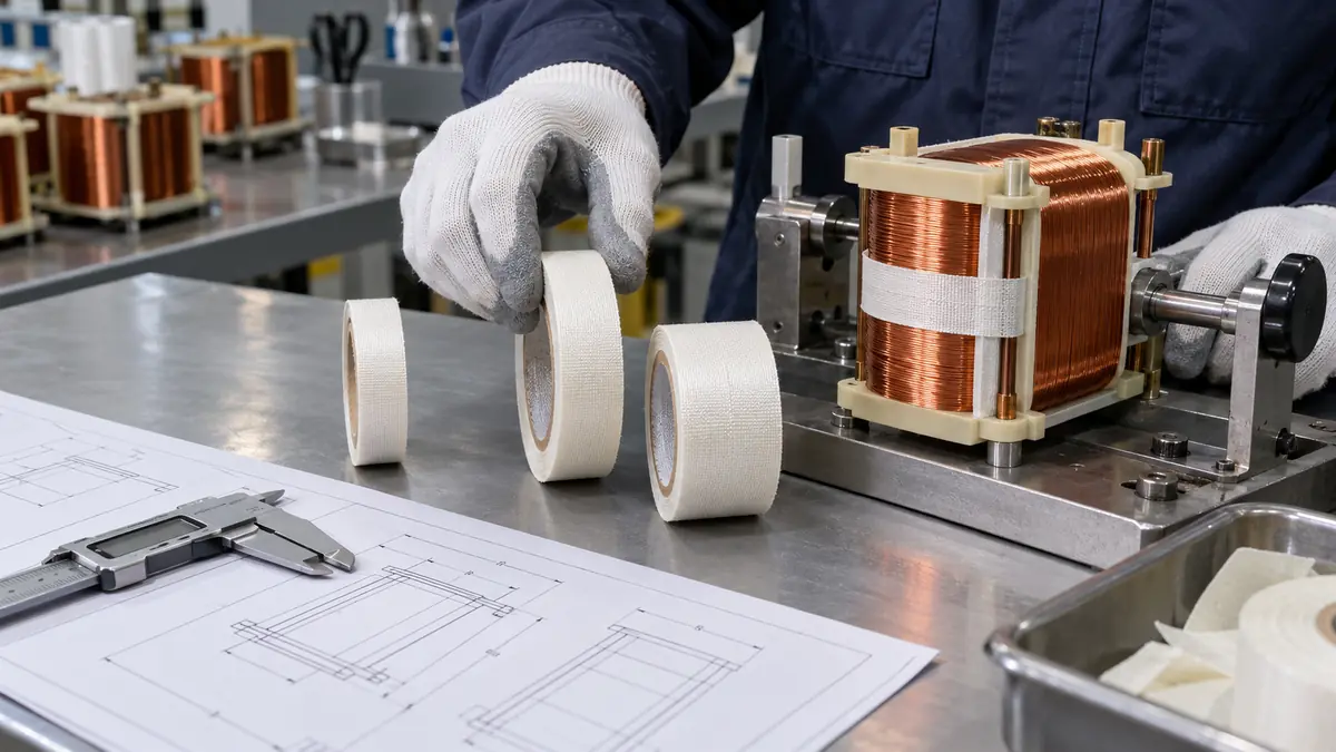 Process engineer comparing several widths of white acetate cloth tape beside a copper transformer coil
