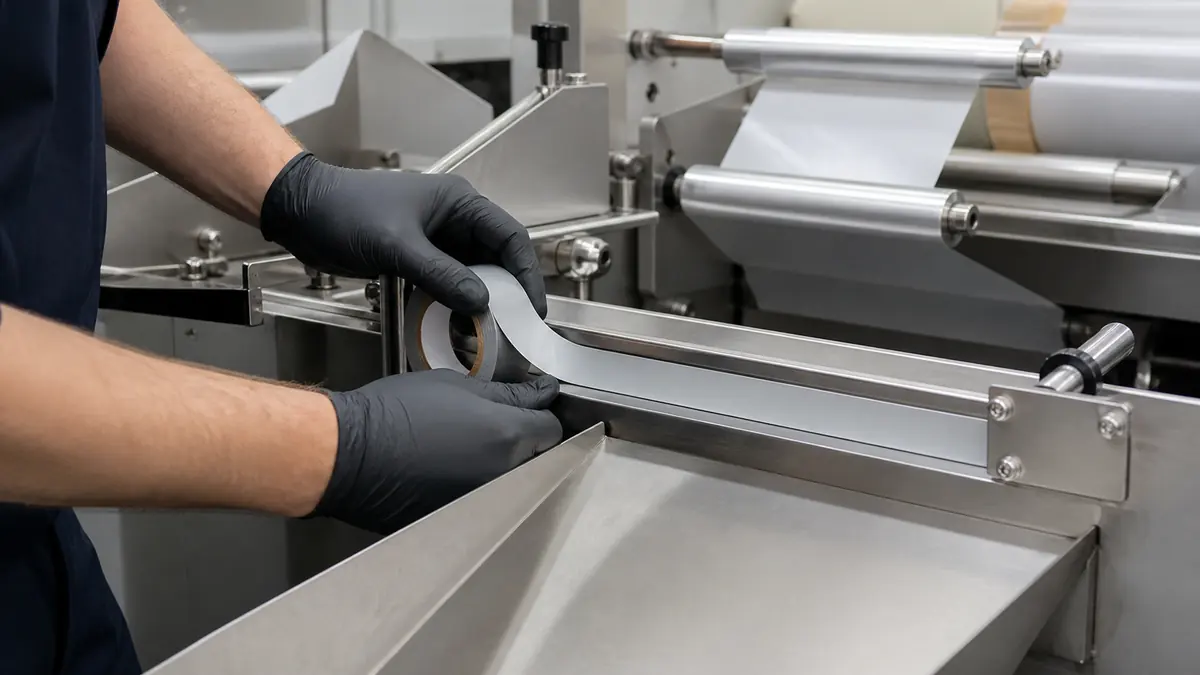 Technician applying light-gray PTFE film tape to a stainless-steel guide rail and transfer chute