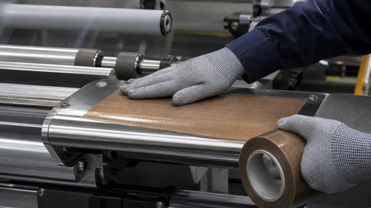 Maintenance technician smoothing brown PTFE-coated fiberglass tape across a laminating machine heater shoe