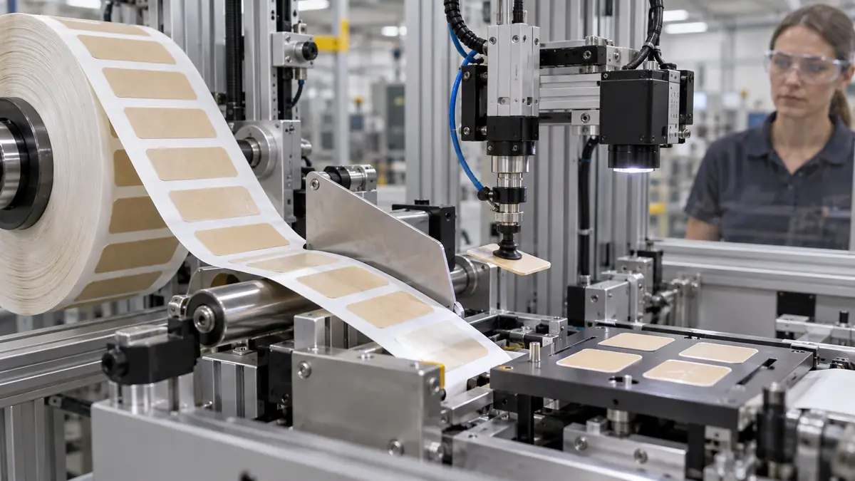 Automated vacuum pickup head lifting a kiss-cut double-sided adhesive part from a white release liner web