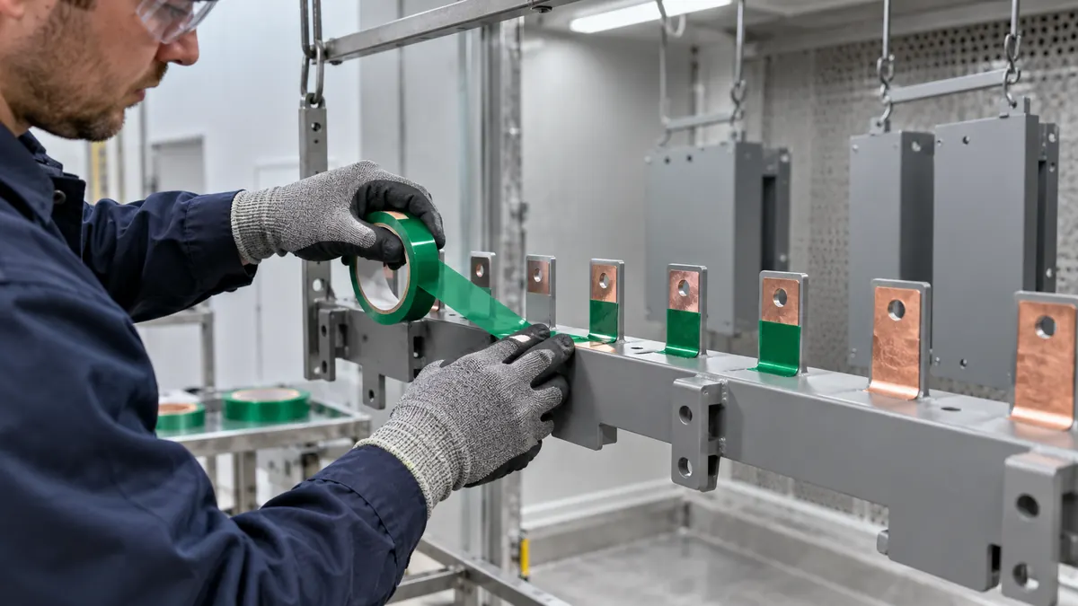 Technician applying green PET silicone tape over copper busbar contact pads before powder coating
