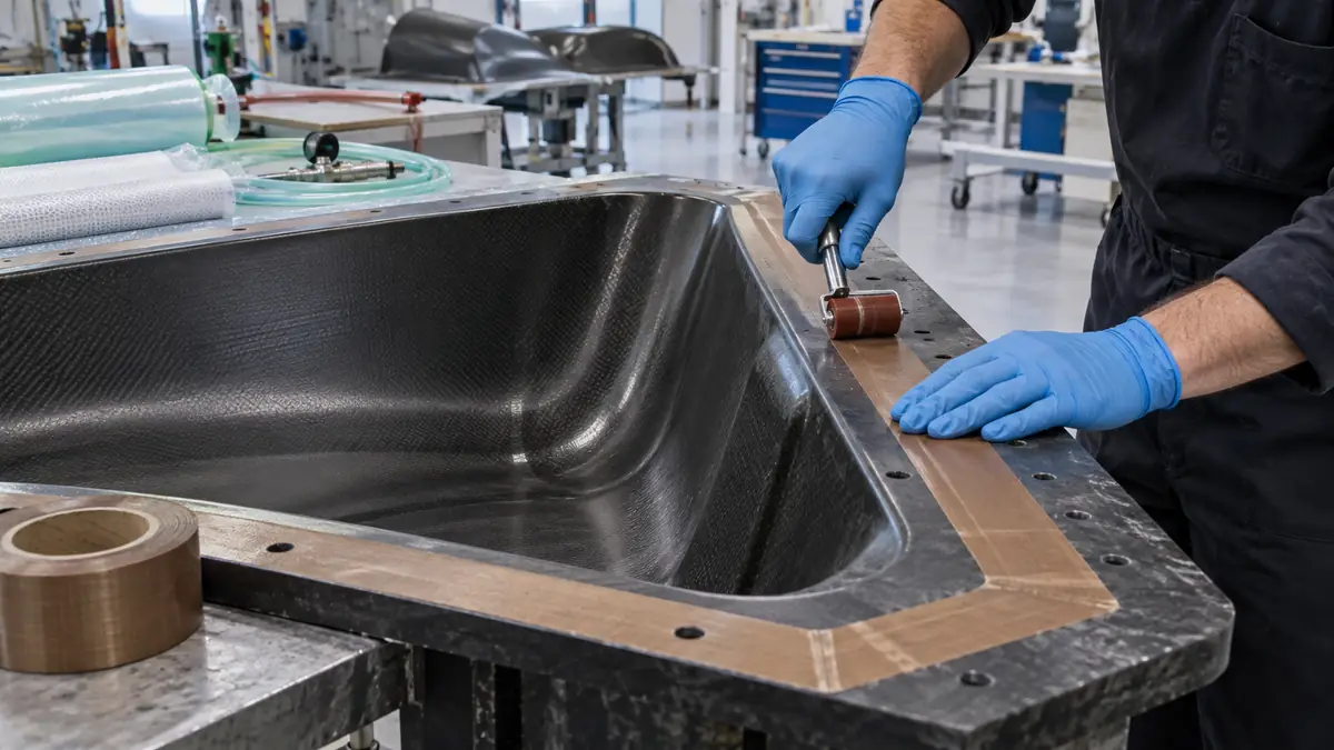 Technician rolling brown PTFE-coated fiberglass tape onto a composite mold flange before layup