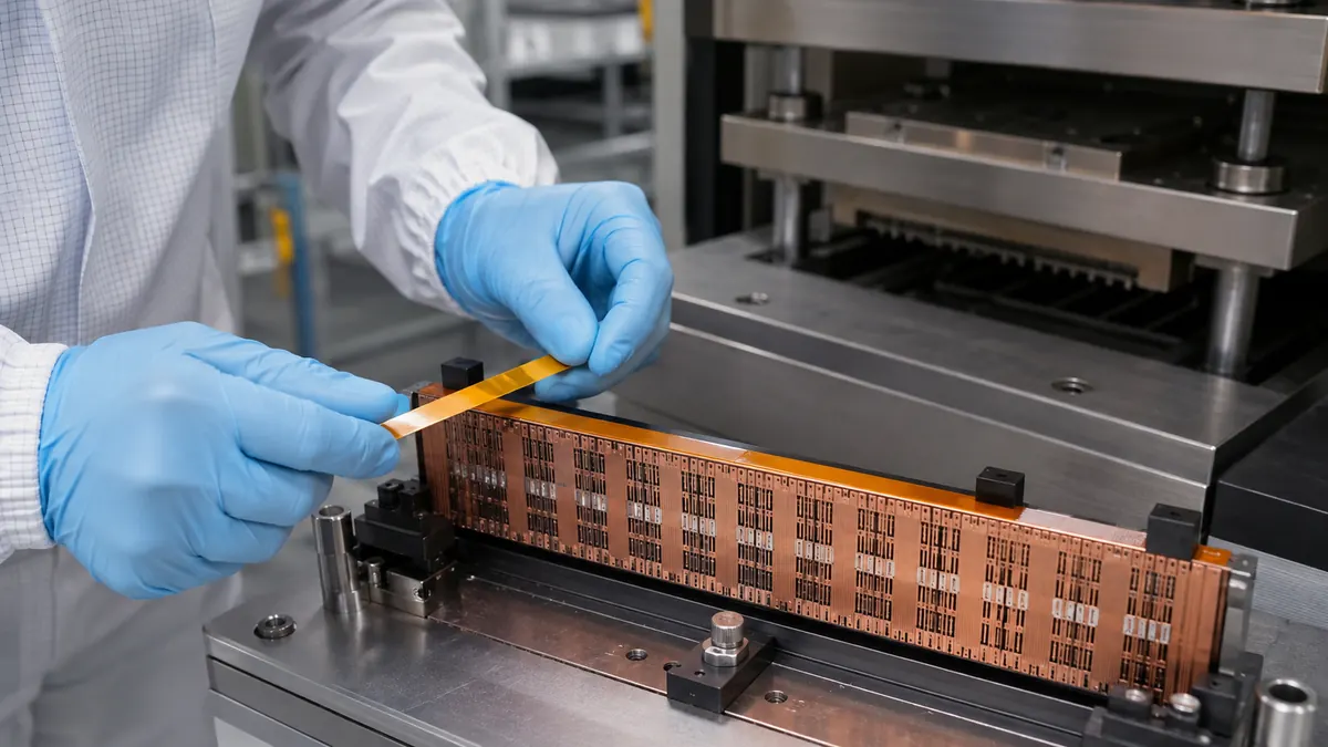 Engineer applying amber polyimide tape along a semiconductor leadframe before transfer molding