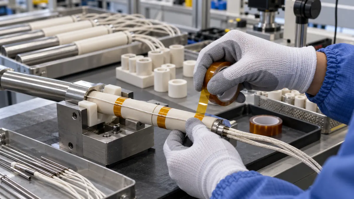 Technician applying amber polyimide tape to secure a thermistor lead on the cool ceramic base of an industrial heater assembly