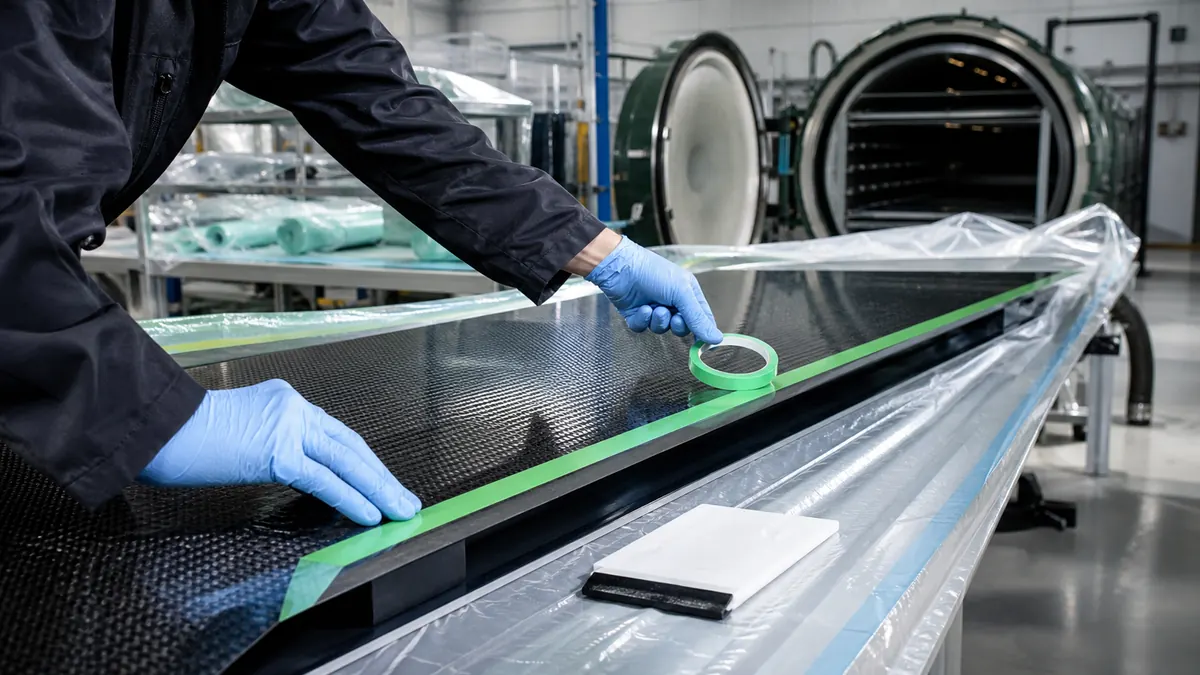 Technician applying green PET silicone tape along a carbon-fiber composite panel cure line