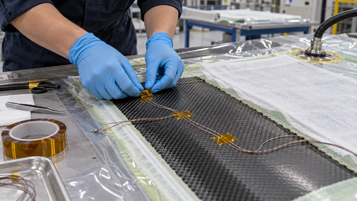 Composite technician securing fine thermocouple leads with amber polyimide tape under a vacuum bagging setup