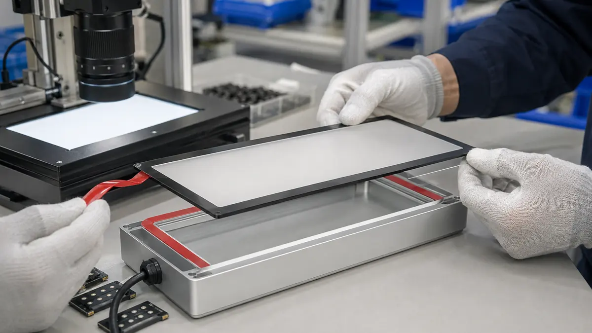 Technician peeling red liner from double-sided tape while aligning a machine-vision light diffuser