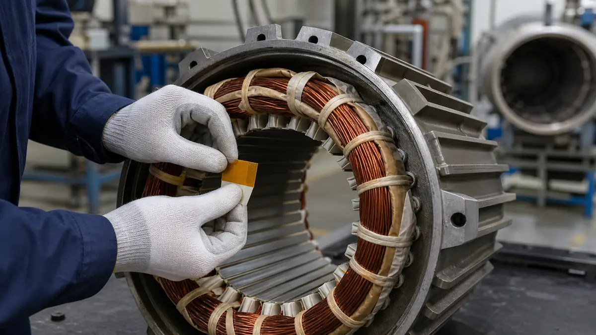 Motor technician applying amber polyimide tape across a stator slot wedge before vacuum pressure impregnation