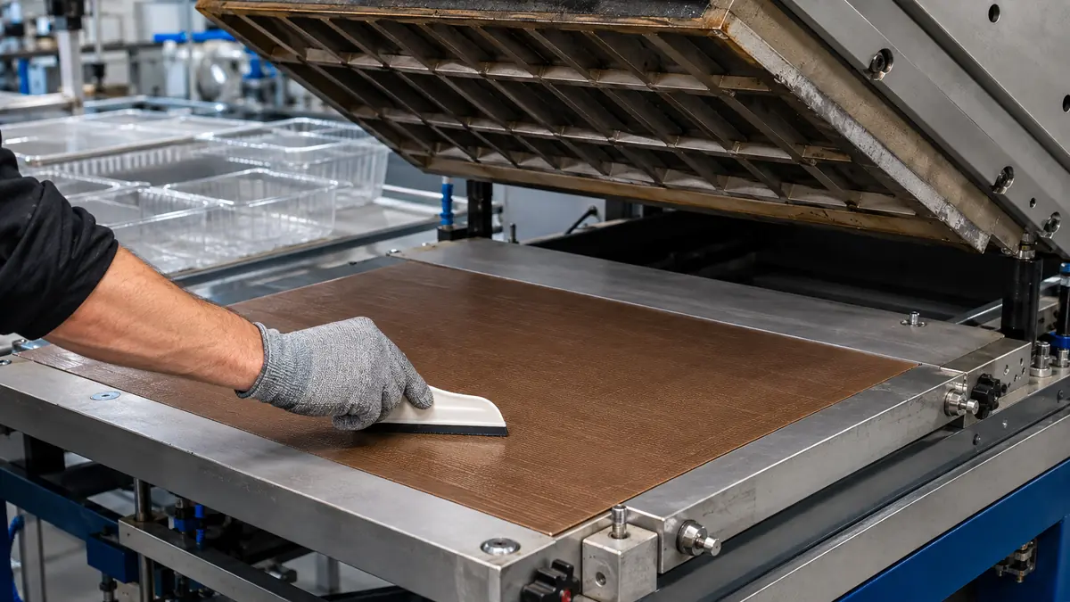 Technician smoothing brown PTFE tape onto a cooled thermoforming heater plate during maintenance